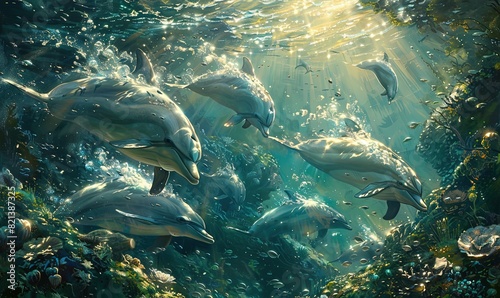 Divine groups of underwater fish swim in the waterscape