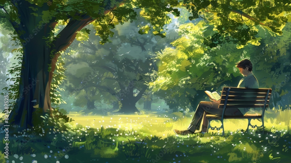 Man reading a book on a bench under a tree in a summer landscape Man reading a book on a bench under a tree in a summer landscape