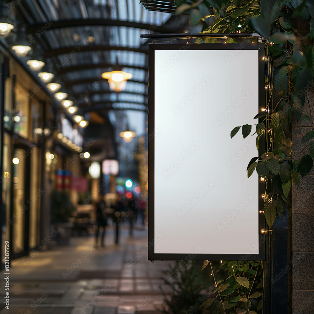A blank empty canvas poster screen board hanging on a pavement at the city center. A blank empty canvas poster screen board hanging on a pavement at the city center.