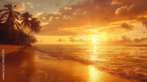Tropical beach at sunset with golden skies, silhouetted palm trees, and gentle surf