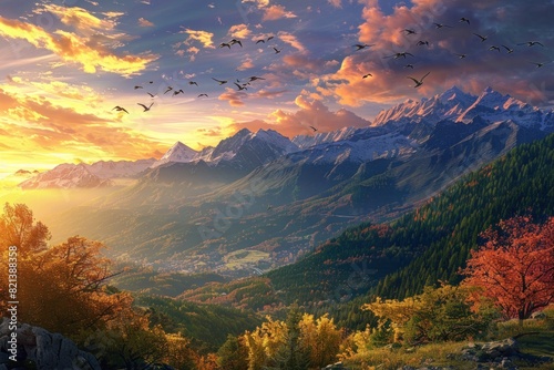 A beautiful mountain landscape with a sunset in the background