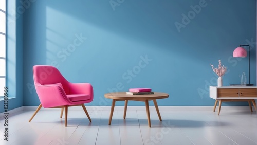 pink chair and wood side table against empty blue light color wall background. Minimalist