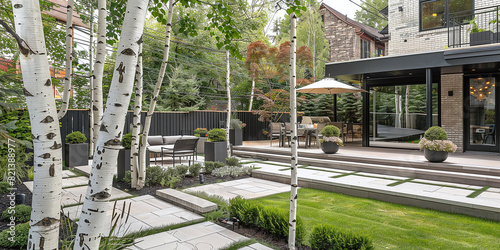 Transforming a backyard into a serene haven with a secure fence, inviting porch, graceful birch trees, and meticulously designed steps, elevating outdoor living to new heights