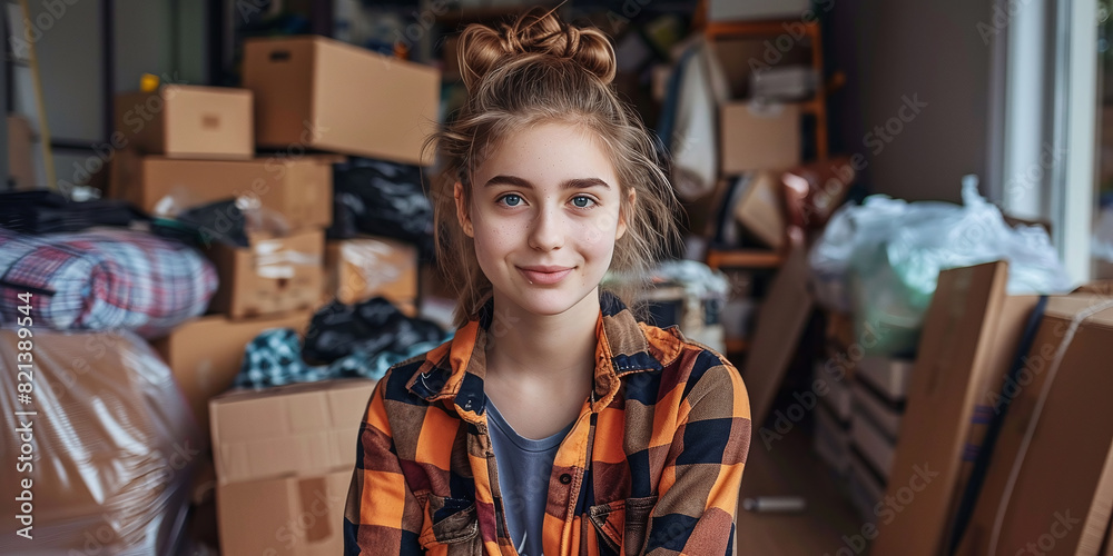Obraz premium A teenager collects donations for charity to help low-income families and restore order.
