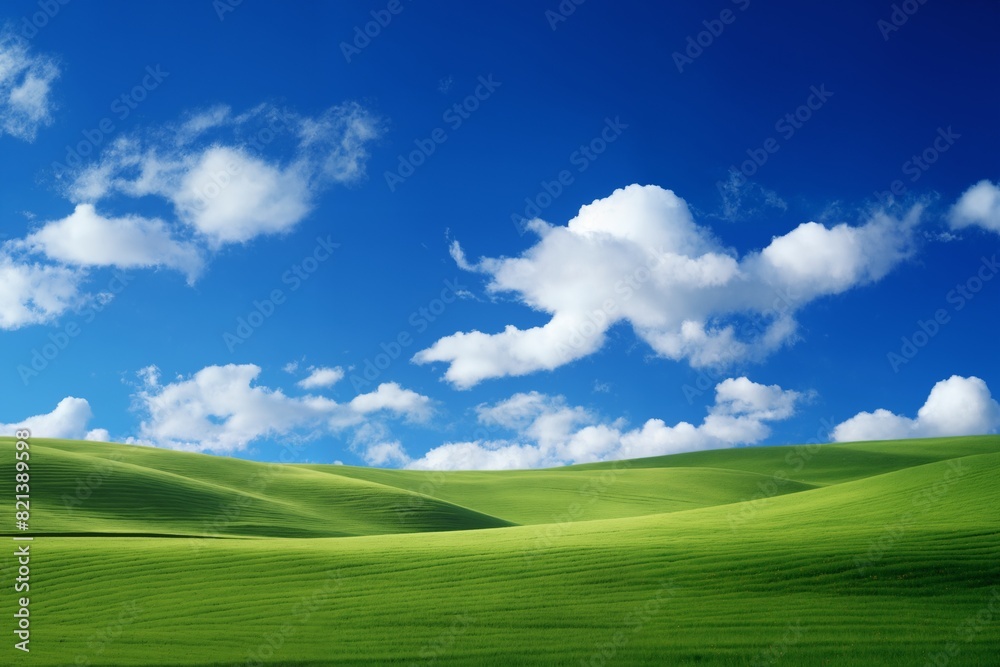 A beautiful summer or spring landscape with green grass on the hills and green fields. The blue sky is filled with white clouds and bright sunlight. Nature as a background. A beautiful summer or spring landscape with green grass on the hills and green fields. The blue sky is filled with white clouds and bright sunlight. Nature as a background.