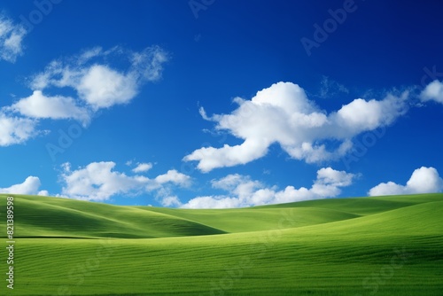 A beautiful summer or spring landscape with green grass on the hills and green fields. The blue sky is filled with white clouds and bright sunlight. Nature as a background.