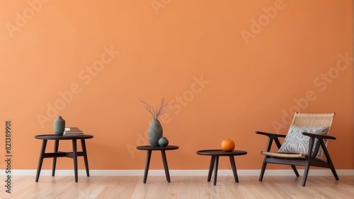 Minimalist chairs and wood side table against empty Tangerine color wall background