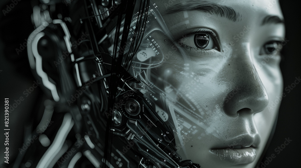 Detailed close-up of a futuristic cybernetic human face with intricate mechanical elements Detailed close-up of a futuristic cybernetic human face with intricate mechanical elements