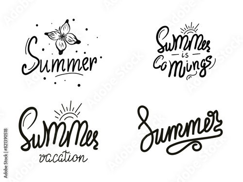 Summer hand drawn letterings set. Summer typography with sun and butterfly. Black and white lettering. Hand drawn summertime. Vector illustration