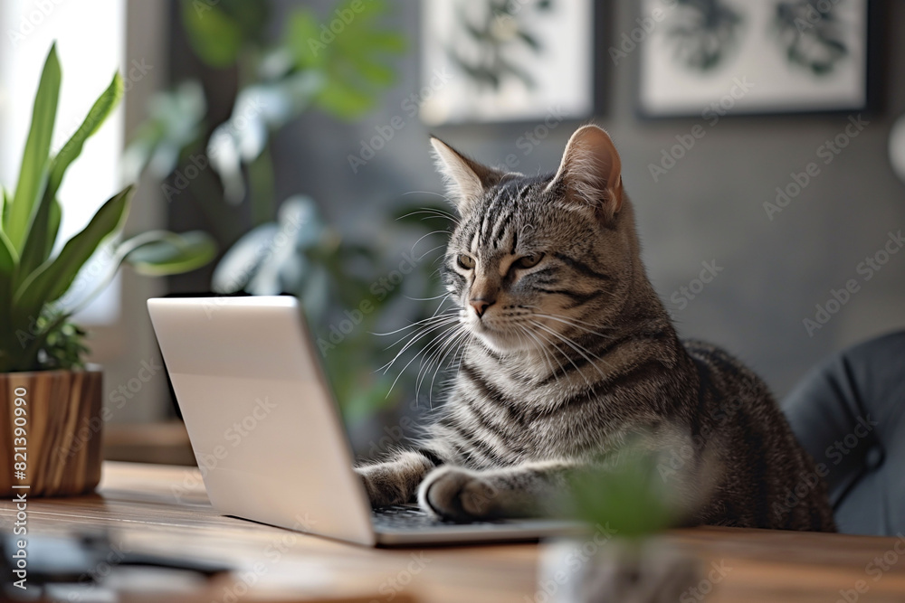 A very hard working cat, sits in a home office and works on a computer, themes of funny and adorable memes with every day life humor. A very hard working cat, sits in a home office and works on a computer, themes of funny and adorable memes with every day life humor.