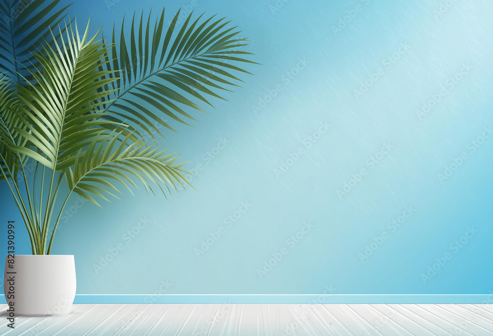 Palmblätter vor blauer Wand, Textur, ai generiert Palmblätter vor blauer Wand, Textur, ai generiert