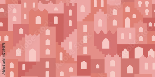 Abstract minimalist geometric moroccan landscape, city. Flat building shapes, stairs, arches seamless pattern like Marracech. Moroccan style background for wrapping paper, textile, fabric, banner