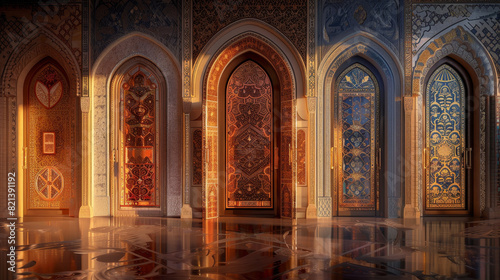 A series of arched doors with gold trim and a blue and white design © mila103