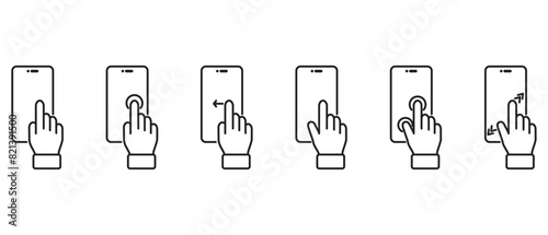Finger touch Smartphone gesture icon, Different variations of holding a modern smartphone. Linear collection icon, tapping the screen with a hand. Vector illustration in transparen background.