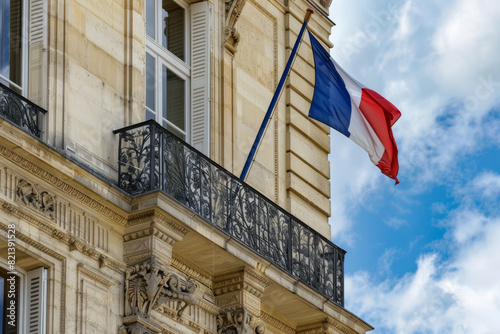 Drapeau tricolore français sur le balcon d'un bâtiment officiel à Paris, capitale de la France