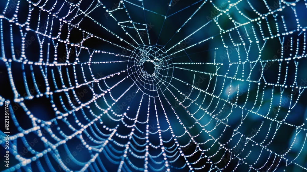 A macro photograph of a spiders web highlighting the similarities between the structure of a web and the interconnectedness of particles in the fabric of the universe.