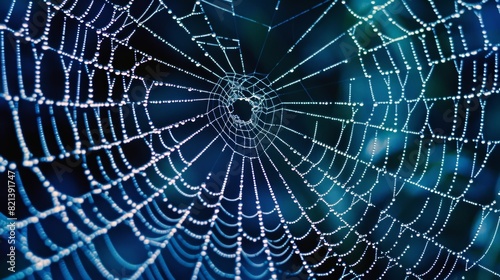 A macro photograph of a spiders web highlighting the similarities between the structure of a web and the interconnectedness of particles in the fabric of the universe. photo