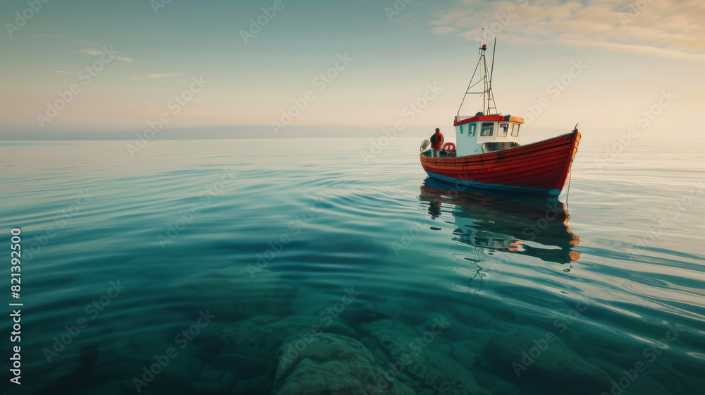Red fishing boat on a calm sea with clear sky and visible underwater rocks. A man on a fishing boat. Red fishing boat on a calm sea with clear sky and visible underwater rocks. A man on a fishing boat.