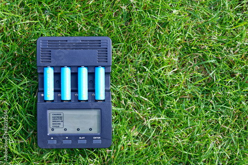 Rechargeable AA batteries in the charger on green grass