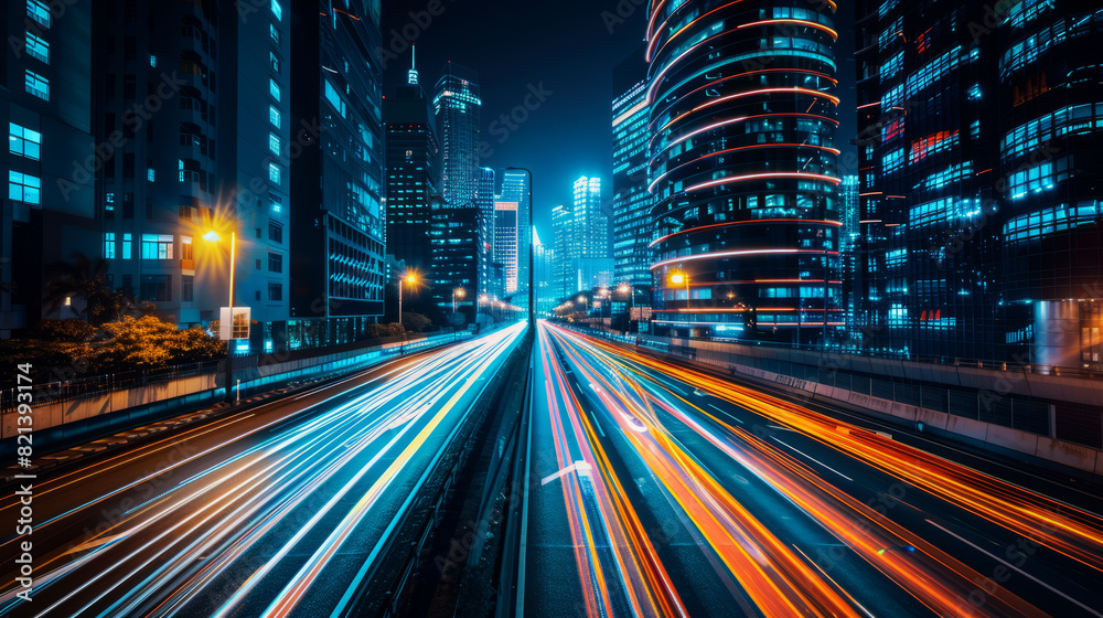 Fototapeta premium High speed car light trails in a city at night,