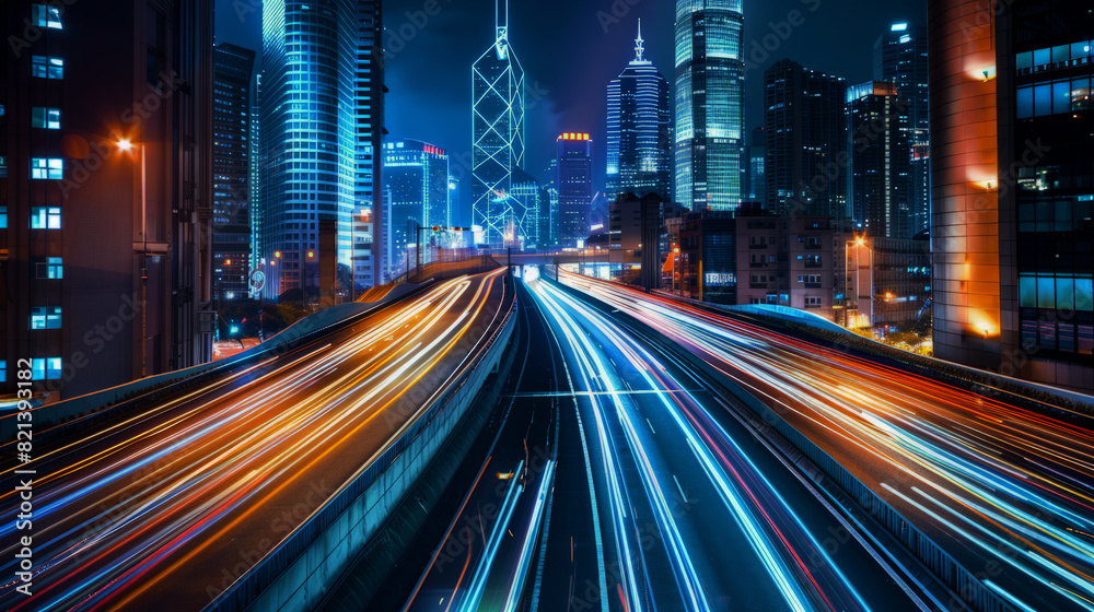Fototapeta premium High speed car light trails in a city at night,