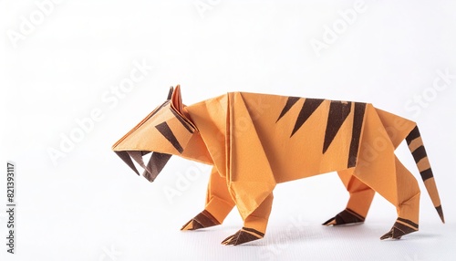 Animal extinct mammal concept origami isolated on white background of a saber toothed tiger, with copy space, simple starter craft for kids photo