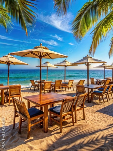 Tables and Chairs Under Umbrellas on Beach. Generative AI