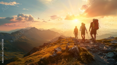 Three hikers with backpacks trekking a mountain trail at sunset  with golden light.