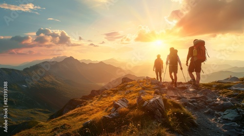 Three hikers with backpacks trekking a mountain trail at sunset, with golden light.