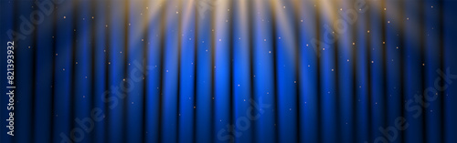 Curtain blue background with spotlights. Bright stage with flying particles. Ceremony template with closed curtain. Elegant scene with light beams. Vector illustration.