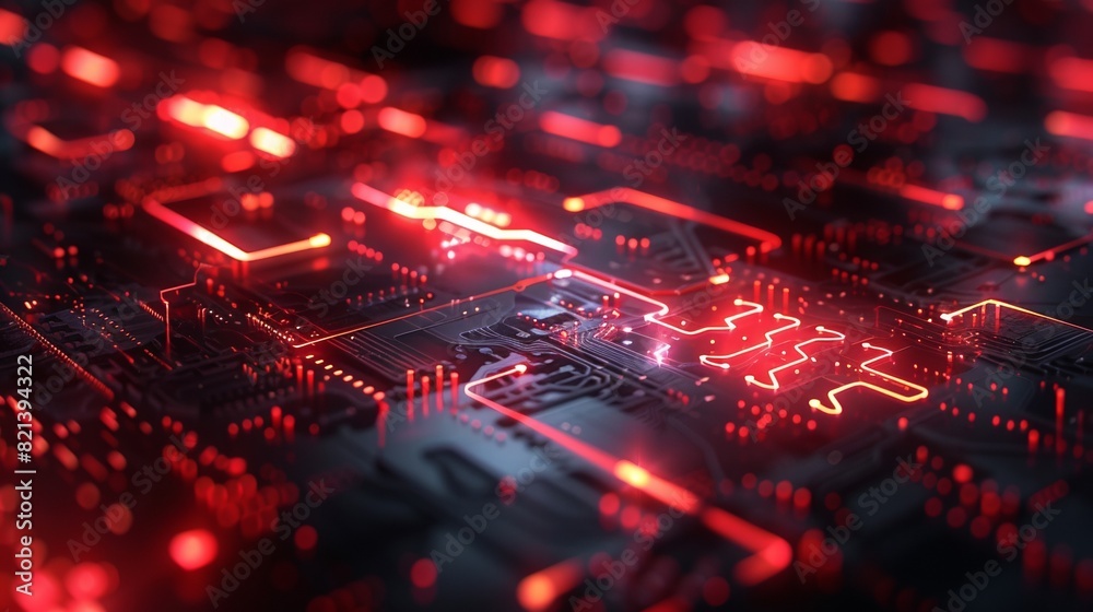 Close-up of a glowing red and black circuit board with intricate pathways, Close-up of a glowing red and black circuit board with intricate pathways,
