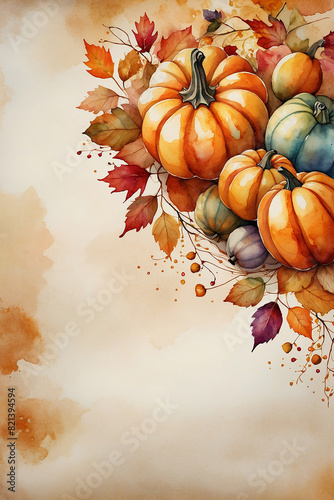 Watercolor fall Thanksgiving background with autumn leaves and pumpkins, copy space, generated AI.