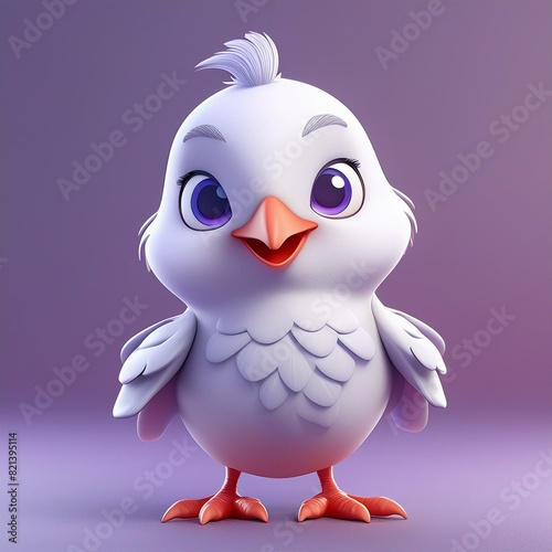 Adorable baby chick. Cute baby chicken 3d cartoon with white feathers. Full body. Isolated on light purple background.