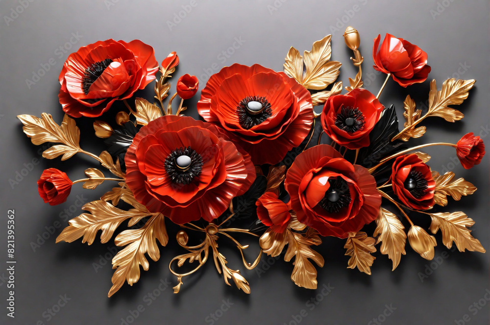 Elegant and luxurious glossy red poppy flowers bouquets adorned with leaves and golden accents. Perfect for upscale designs