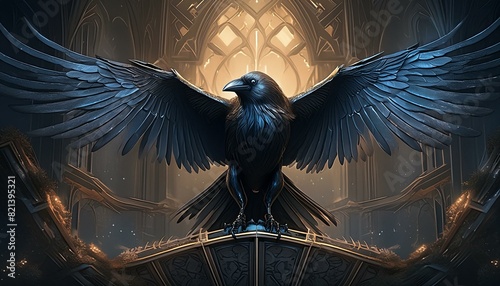 black raven with outstretched wings with contrasting bright shield in background - dynamic lighting