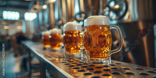 An industrial banner of glasses filled with beer on a conveyer belt  themes of workspace efficiency and alcoholic drink brewing.