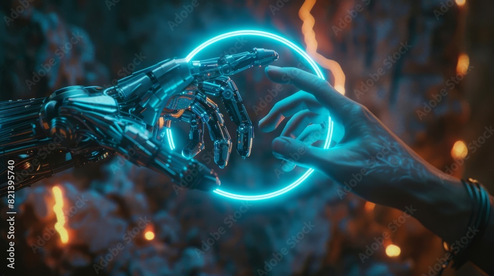 Cybernetic hand and human hand reaching to touch Cybernetic hand and human hand reaching to touch