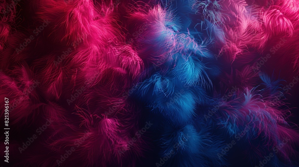   Pink and blue feathers on black background with red and blue feather on left side