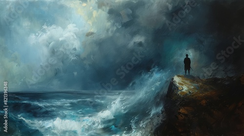 Person standing on a cliff overlooking a stormy sea for inspirational or nature themed designs