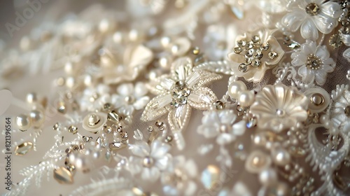 A close-up of intricate beading on the bodice of a mermaid-style wedding gown, with shimmering crystals and pearls arranged in delicate floral patterns