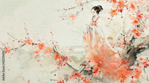 Traditional East Asian style of painting inspired by Chinese ink painting, depicting a woman in historical attire photo