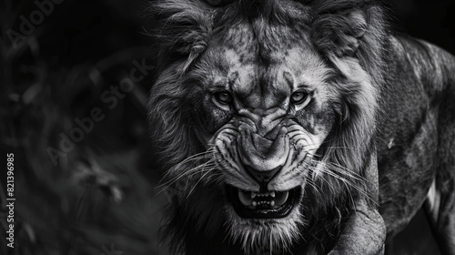 Black and White Image of Roaring Lion
