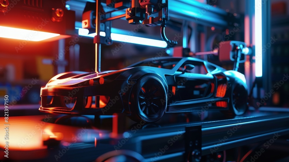 3D rendering of a sports car on a platform - This image showcases a high-detail 3D rendering of a sleek sports car with futuristic lighting and environment 3D rendering of a sports car on a platform - This image showcases a high-detail 3D rendering of a sleek sports car with futuristic lighting and environment