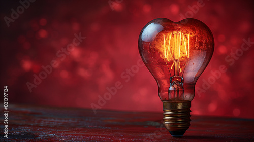 Vintage light bulb in heart shape with glowing inside on red background, symbol of inspiration and creativity for Valentine's Day celebration. Heart shaped incandescent lamp concept