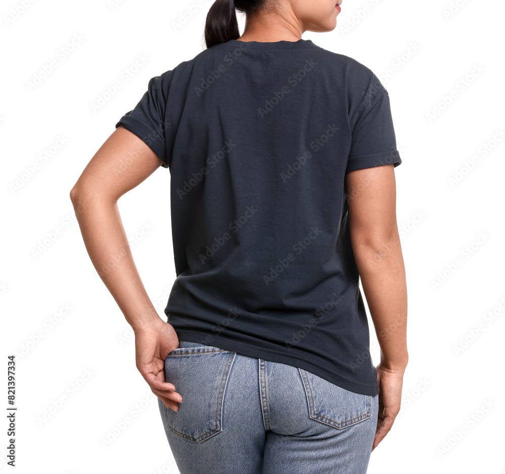 Woman wearing black t-shirt on white background, closeup Woman wearing black t-shirt on white background, closeup