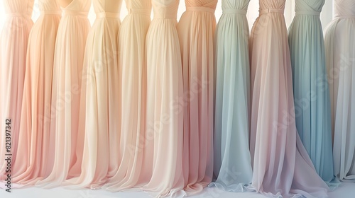 Rows of elegant chiffon bridesmaid dresses in soft pastel shades  each one featuring a flattering empire waist and flowing floor-length skirt