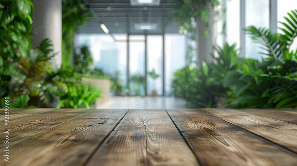 Wooden Table with Blurry Green Plant Background Wooden Table with Blurry Green Plant Background