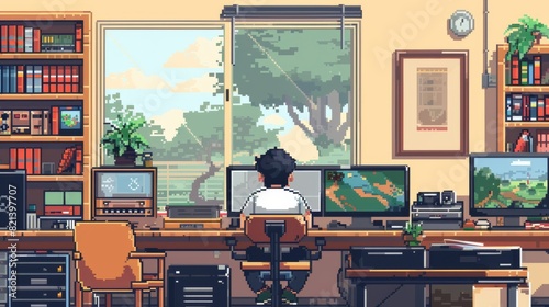Pixel art of a gamer working at his desktop with a view of nature outside