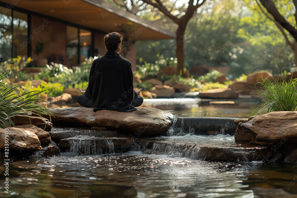 A lush riverside setting with a gentle stream flowing over smooth rocks, where a person meditates on a large flat stone, immersed in the soothing sounds of the water.