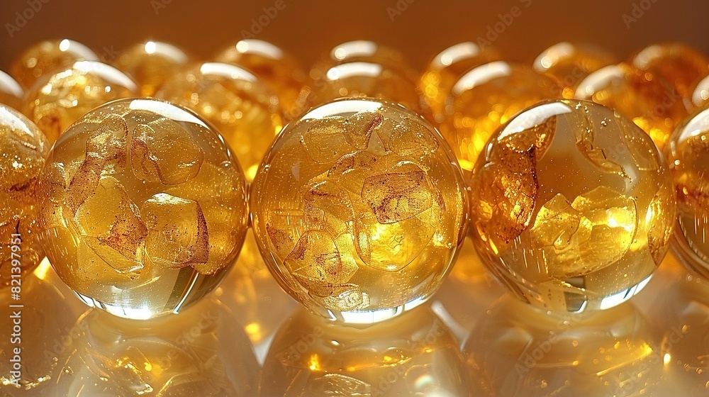 A group of yellow glass balls sits on a white countertop, with a row of yellow glass balls behind them A group of yellow glass balls sits on a white countertop, with a row of yellow glass balls behind them